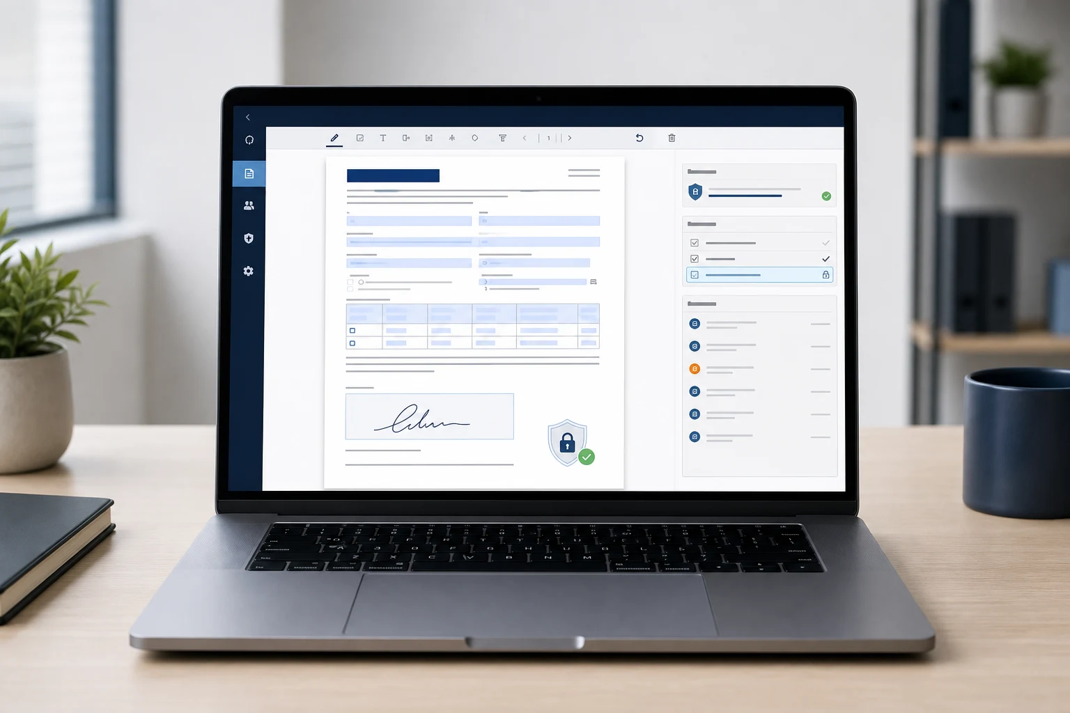 Interfaz segura de formularios PDF y HTML con firma electrónica, controles de acceso e historial de auditoría