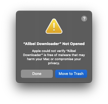 macOS warning shown when opening Alibel Downloader
