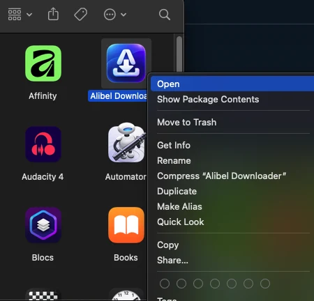 Open command for Alibel Downloader in Applications