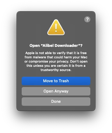 Final confirmation to open Alibel Downloader